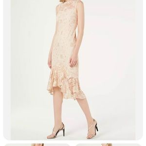 Calvin Klein Lace Peach and Gold Ruffle Sheath Cocktail Dress Size 14